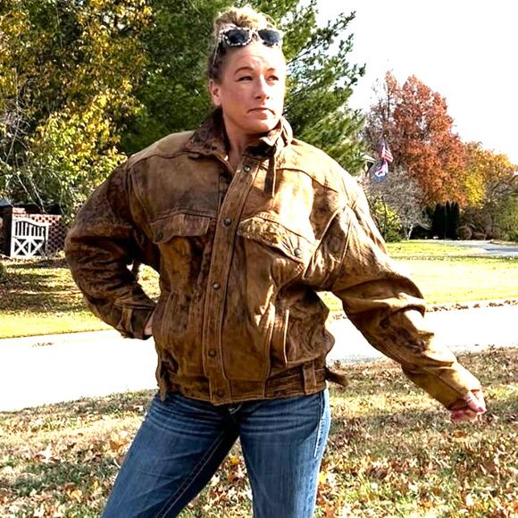 Vintage 80s Tan Leather Moto Bomber Jacket Grunge MEDIUM - Picture 1 of 11